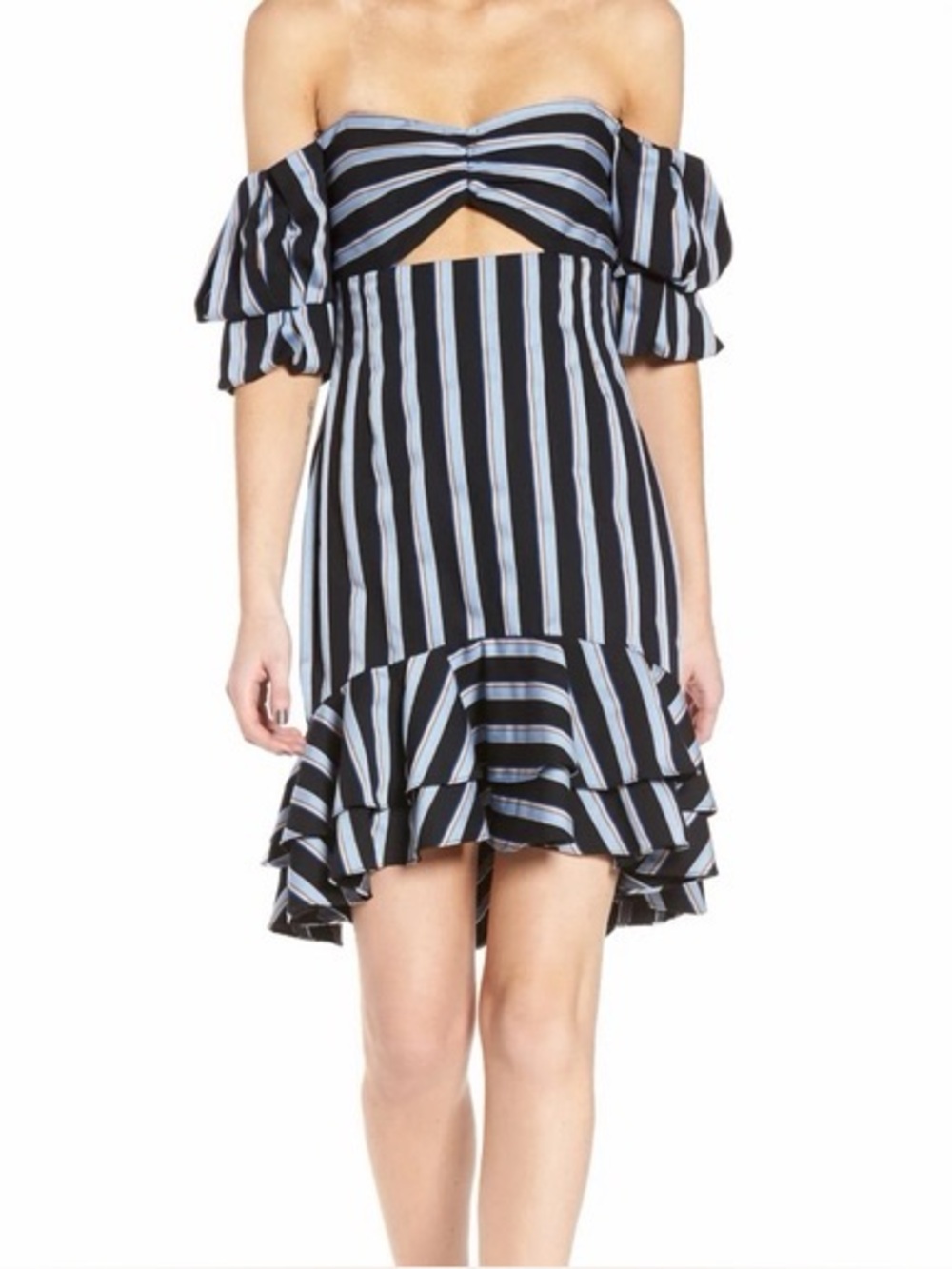 Wayf Navy & Light Blue Striped Off-Shoulder Dress